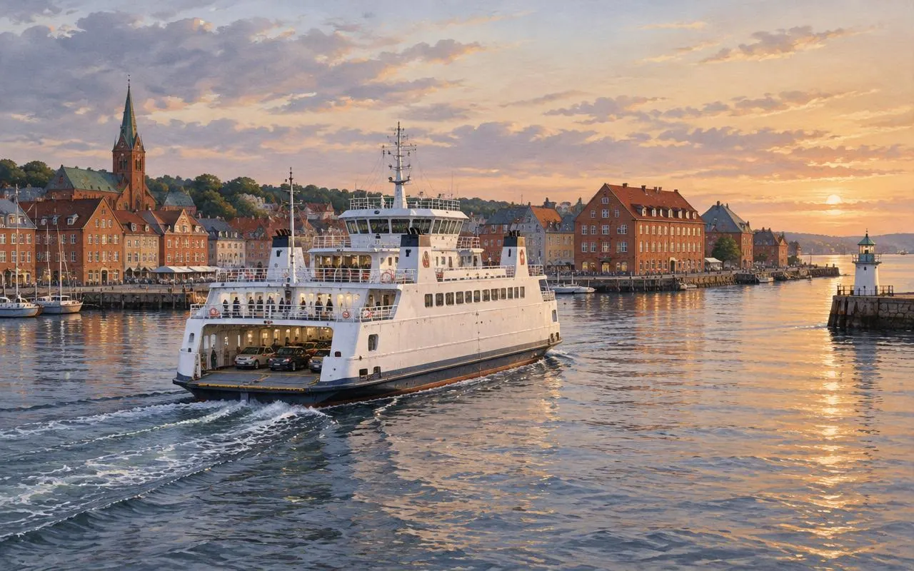 White double-ended car ferry leaving a brick harbour town at sunset
