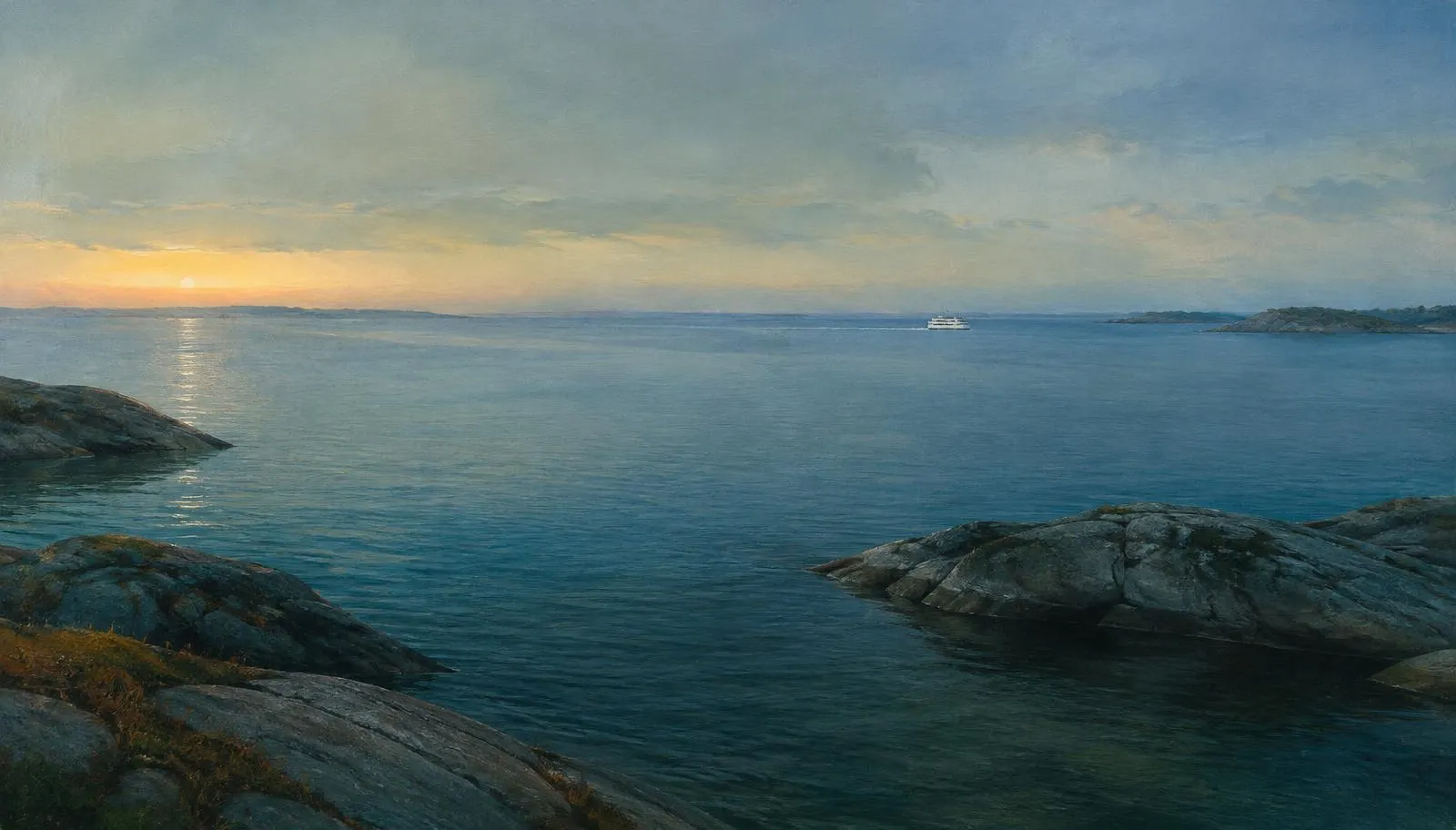 Granite skerries on the Swedish west coast at dawn with a small white ferry on the calm sea