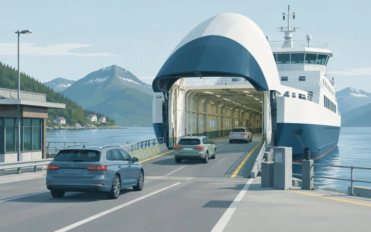 Illustration of cars driving onto a modern ferry through an open bow door at a terminal