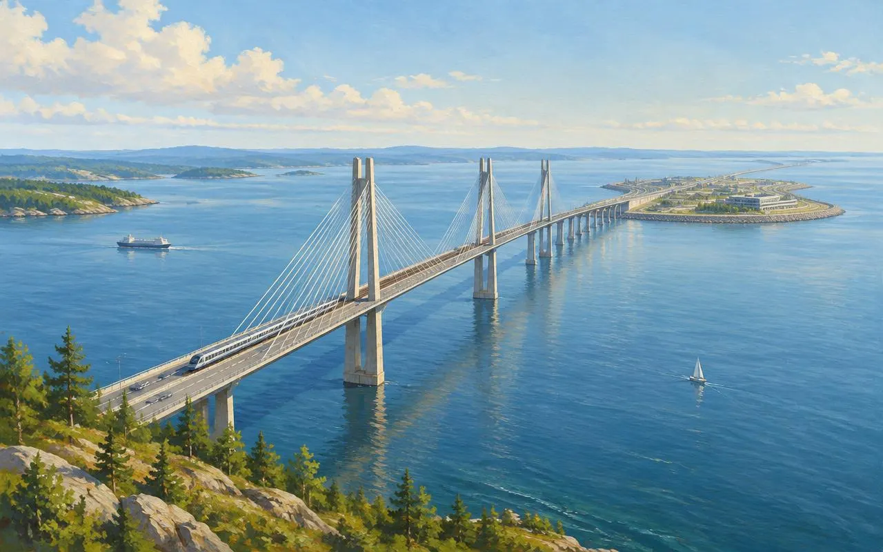 Illustration of a cable-stayed road and rail bridge crossing a strait towards an artificial island