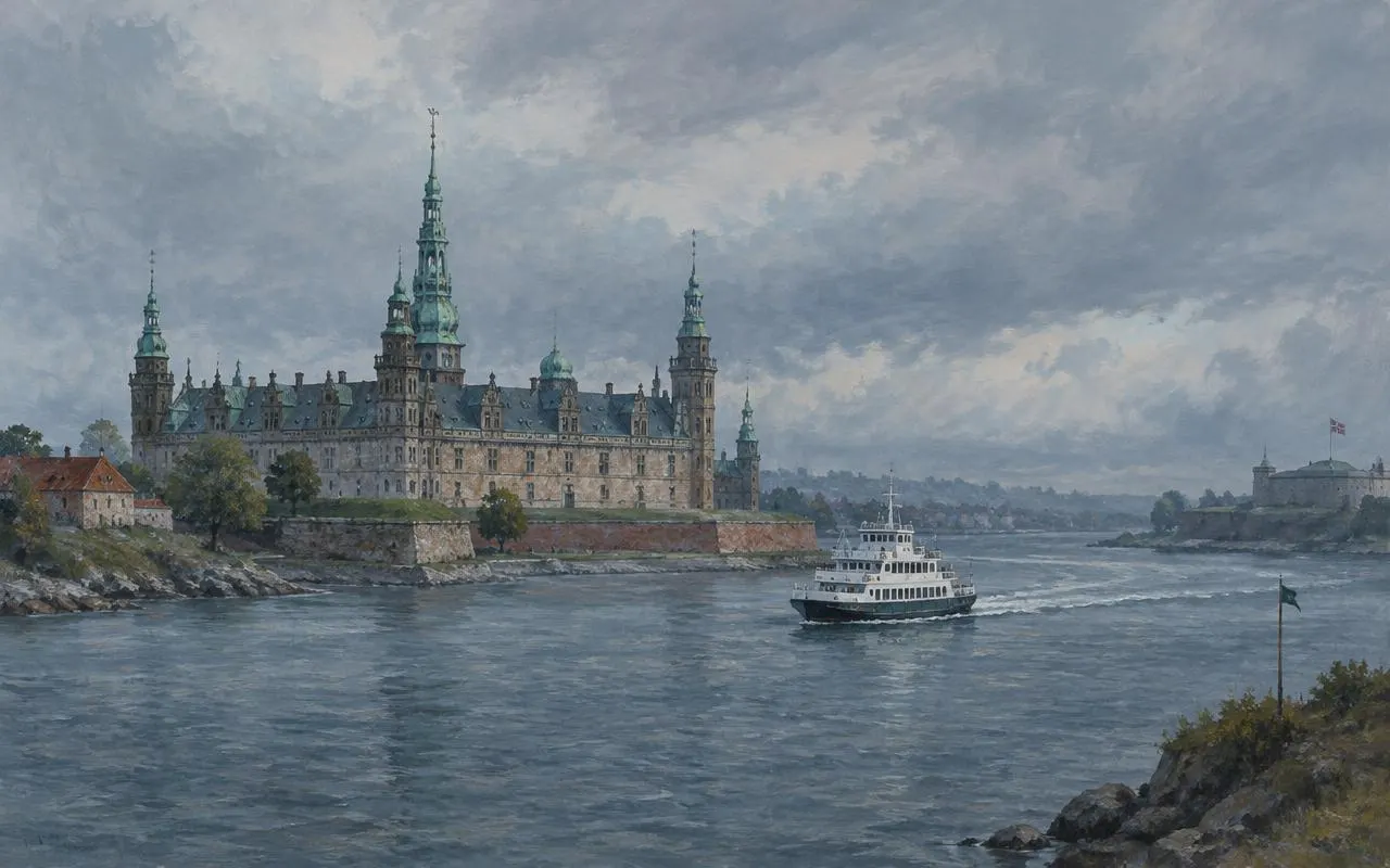 Renaissance castle with green copper spires beside a strait as a ferry passes