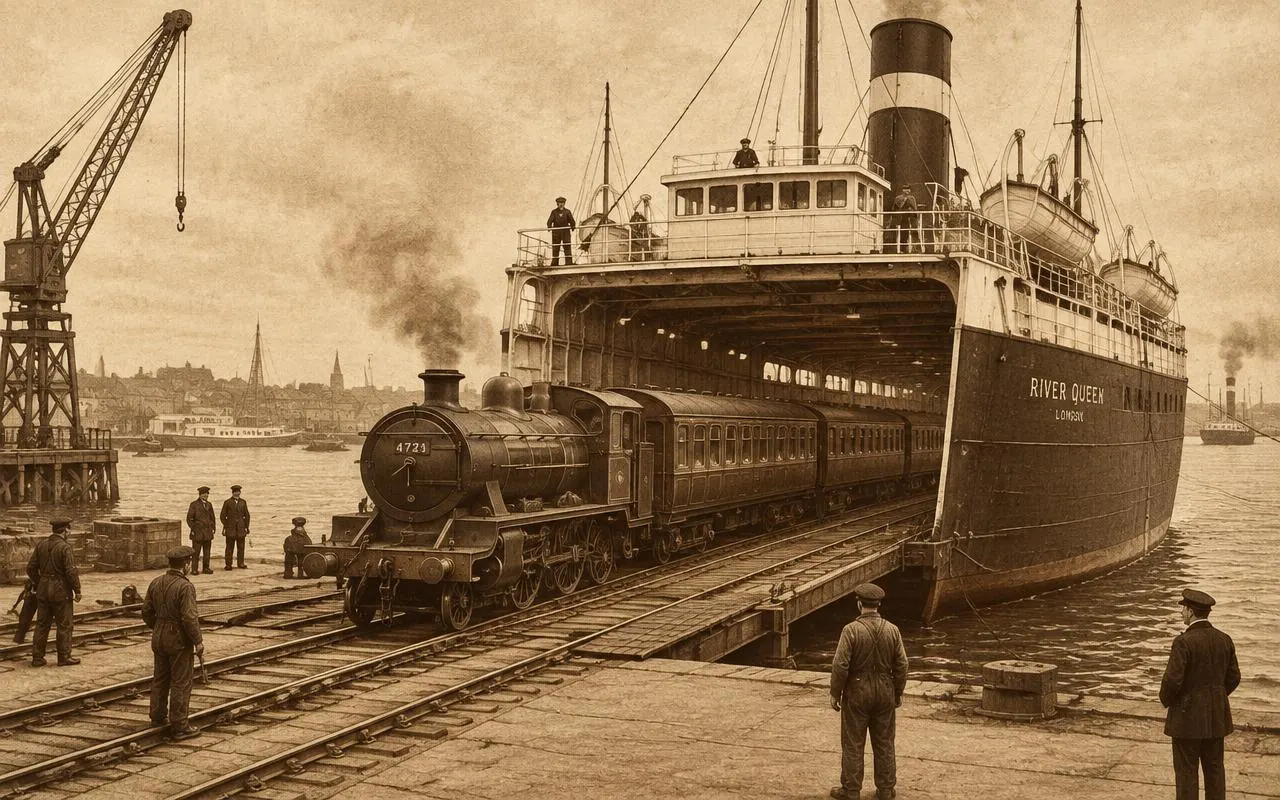 Sepia illustration of a steam locomotive and carriages being loaded onto a railway ferry