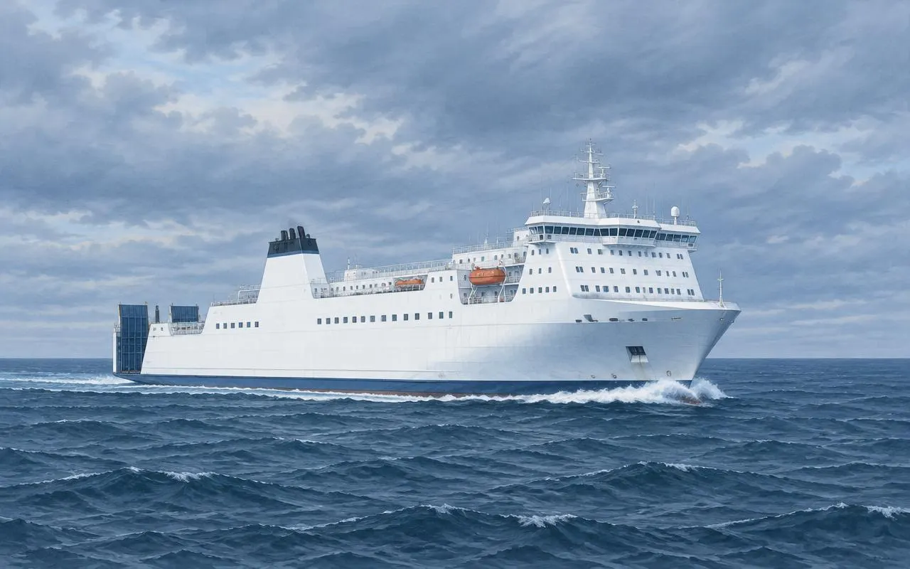 Large white ro-ro ferry sailing on the open Baltic Sea under grey clouds