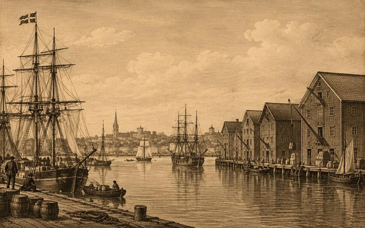 Engraving-style illustration of a nineteenth-century Swedish harbour with sailing ships and wooden warehouses